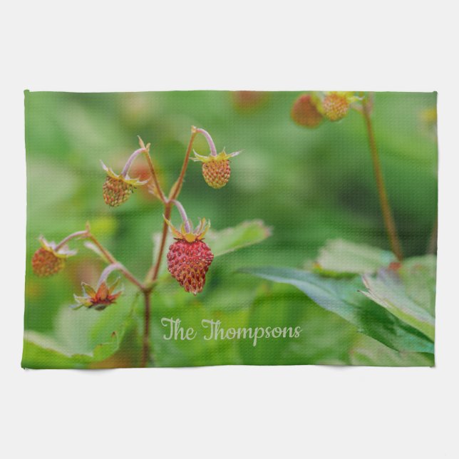 Linge De Cuisine Fraises de bois à croissance rouge Vert avec nom (Horizontal)