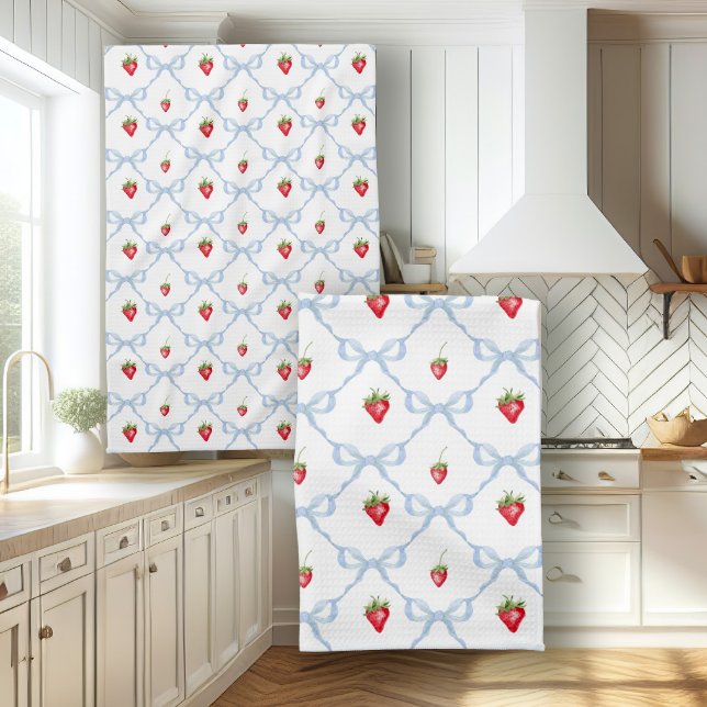 Linge De Cuisine Fraises d'été dans Blue Ribbon Bows Aquarelle (Créateur téléchargé)
