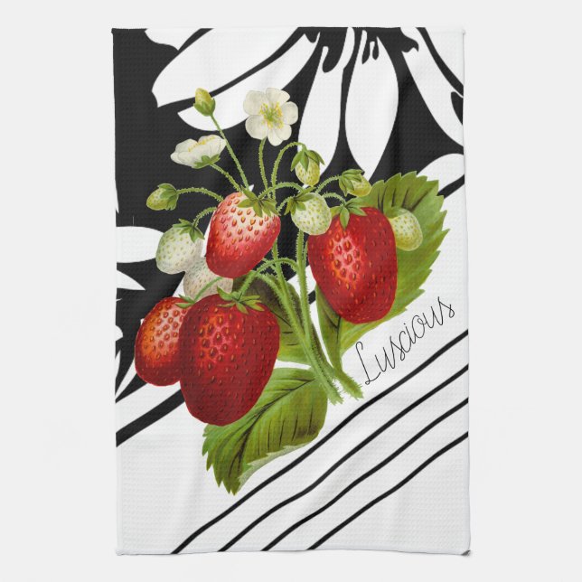 Linge De Cuisine Fraises Luscious sur Graphisme noir et blanc (Vertical)