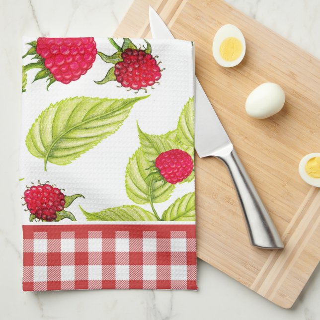 Linge De Cuisine Framboises sur En vichy rouge (Quart Plié)