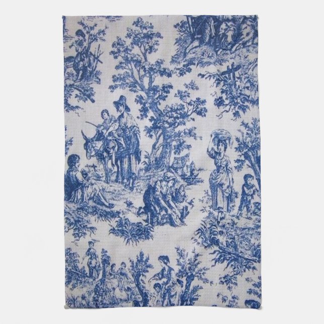 Linge De Cuisine Française toile de jouy bleu et blanc élégant (Vertical)