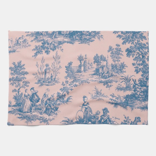 Linge De Cuisine French toile de jouy bleu et rose élégant (Horizontal)