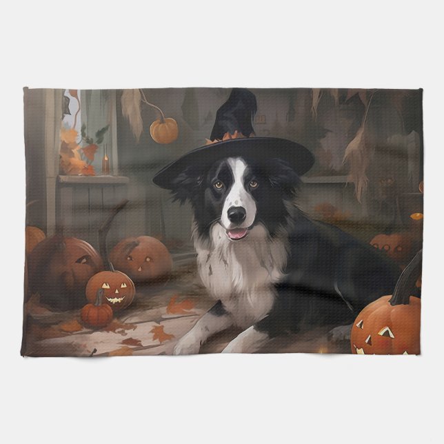 Linge De Cuisine Frontière Collie Citrouilles Halloween effroi (Horizontal)