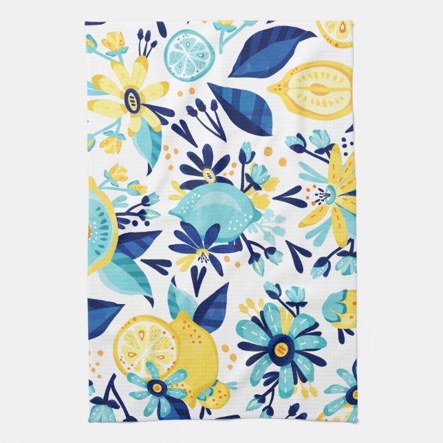 Linge De Cuisine Fruits Et Fleurs Bleus Et Jaunes (Vertical)