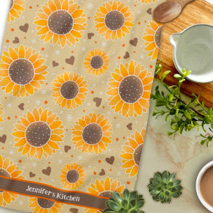 Linge De Cuisine Fun Happy Sunflower Hearts Personnalisé Nom élégan
