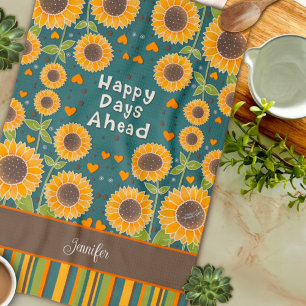 Linge De Cuisine Fun Happy Sunflower Stripes Personnalisé Nom éléga