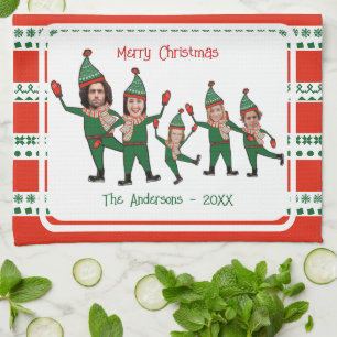 Linge De Cuisine Funny Elf Famille de cinq photo Rouge Vert Noël