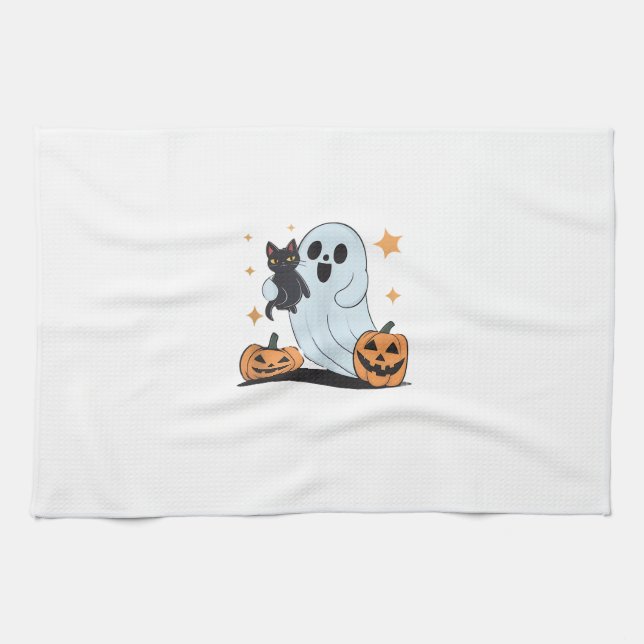Linge De Cuisine Funny Ghost Holding A Black Cat Lazy Halloween Spo (Horizontal)