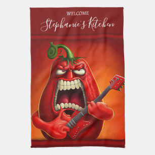 Linge De Cuisine Funny Monster Red Bell Pepper Rocker Guitare