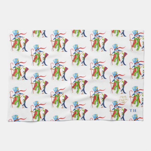Linge De Cuisine Funny Snowman Penguin Gold Parties scintillant Joy (Horizontal)