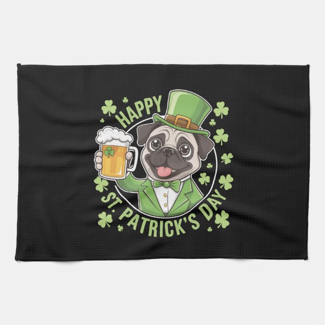 Linge De Cuisine Funny St. Patrick’s Day Pug with Beer Mug (Horizontal)
