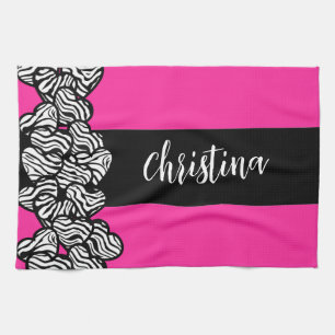 Linge De Cuisine Fuschia rose noir blanc zèbre motif nom du coeur