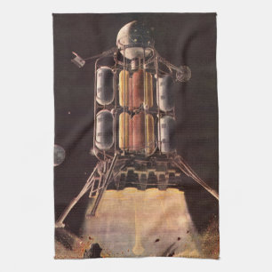 Linge De Cuisine Fusée de science-fiction vintage qui s'éloigne de