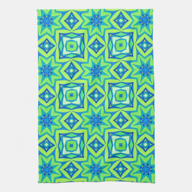 Linge De Cuisine Géométrique étoile Abstraite - Vert chaux et bleu (Vertical)