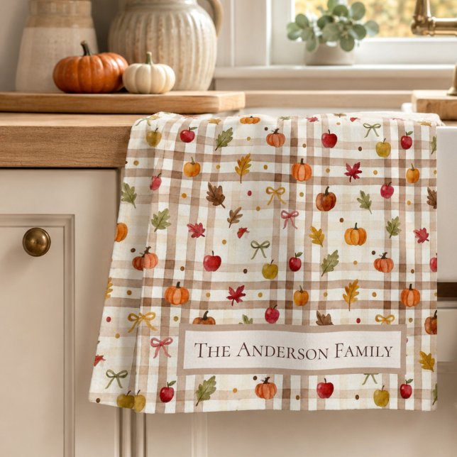 Linge De Cuisine Gingham aquarelle personnalisé de famille d'automn (Créateur téléchargé)