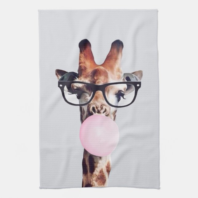 Linge De Cuisine Girafe Portant des lunettes soufflant rose bulle g (Vertical)