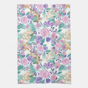 Linge De Cuisine Girly pink Violet Purple Gold Watercolor Flowers