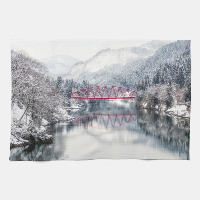 Linge De Cuisine Glace et neige | Pont rouge en hiver, Japon (Horizontal)