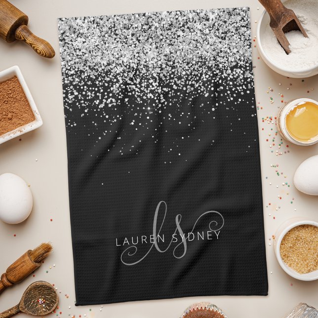 Linge De Cuisine Glam Black Silver Parties scintillant Nom du monog (Créateur téléchargé)