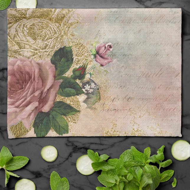 Linge De Cuisine Glam Steampunk | Rose rose et or Rustique Floral (Créateur téléchargé)