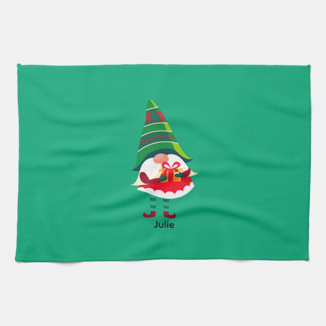 Linge De Cuisine Gnome de Noël personnalisée tenant une boîte cadea (Horizontal)