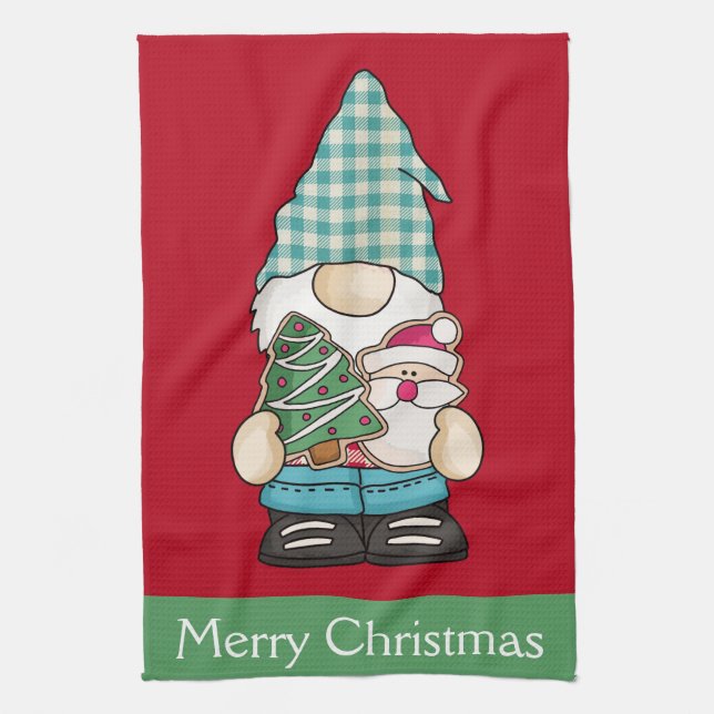 Linge De Cuisine Gnome Rouge Vert Noël Fête Personnalisée (Vertical)