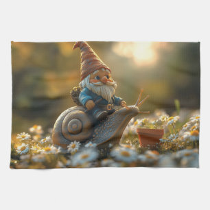 Linge De Cuisine Gnome Whimsical sur Snail Ride Magical Garden Scèn