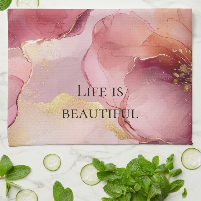 Linge De Cuisine Gold Blush Rose Bourgogne Floral Mariage (Plié)