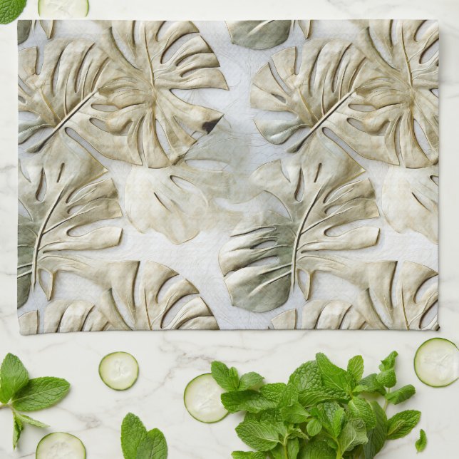 Linge De Cuisine Gold Green Tropical Feuille Sage (Plié)