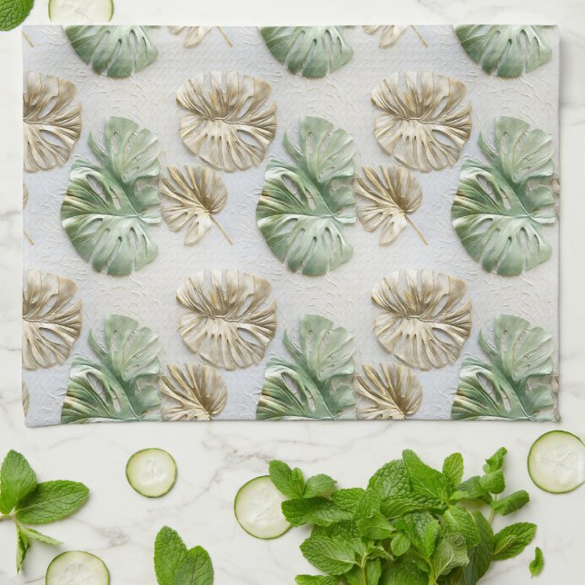 Linge De Cuisine Gold Green White Feuilles tropicaux (Plié)