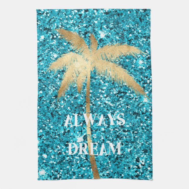 Linge De Cuisine Gold Palm Tree Dream Aqua Parties scintillant (Vertical)