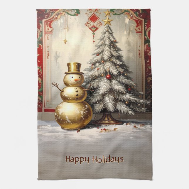 Linge De Cuisine Gold Snowman Christmas Tree Holiday (Vertical)