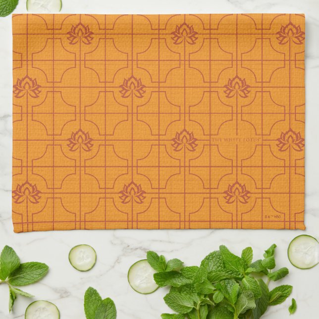 Linge De Cuisine Golden Lotus Grid Motif - Le Lotus Blanc (Plié)