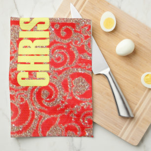 Linge De Cuisine Golden Red Blanche