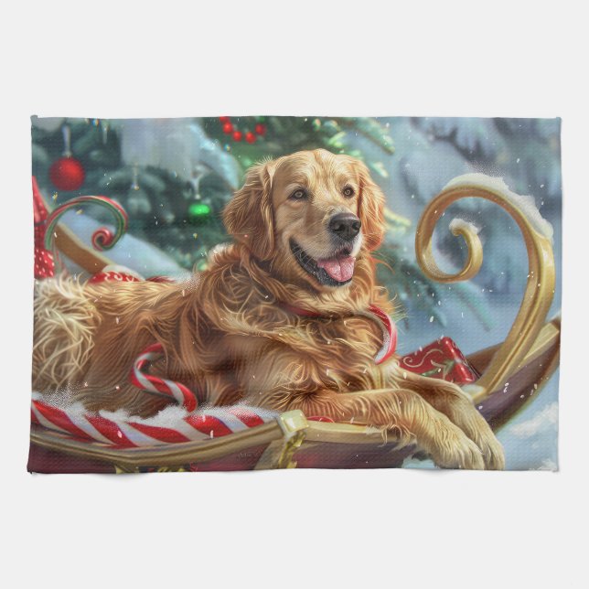 Linge De Cuisine Golden Retriever Chien Festif de Noël (Horizontal)