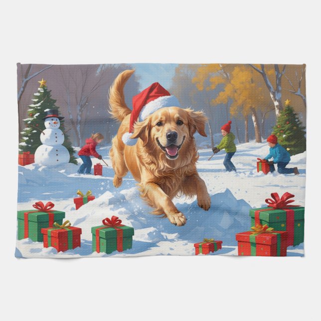 Linge De Cuisine Golden Retriever en neige avec Casquette de Noël (Horizontal)