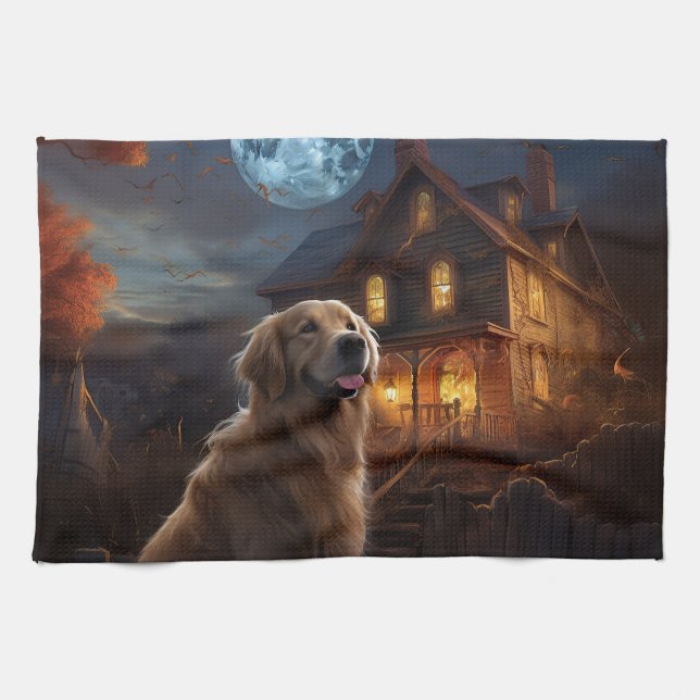 Linge De Cuisine Golden Retriever Halloween effroi (Horizontal)