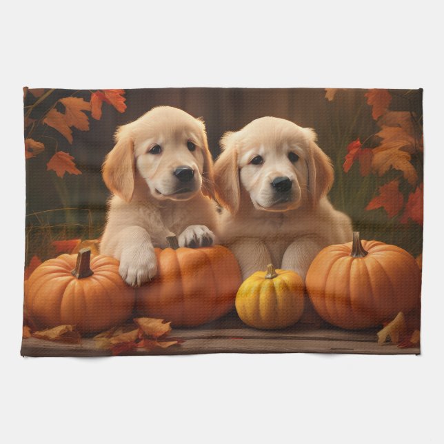 Linge De Cuisine Golden Retriever Puppy Automne Citrouille de plais (Horizontal)