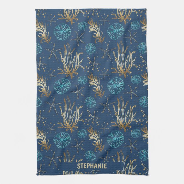 Linge De Cuisine Golden Starfish & Coral Reef Motif sur Blue (Vertical)
