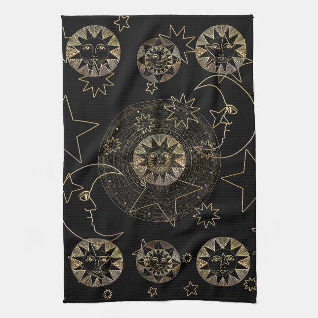 Linge De Cuisine Golden Sun Moon Stars Art d'astronomie céleste (Vertical)