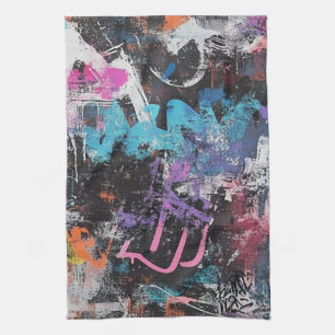 Linge De Cuisine Graffiti Urbain Coloré Abstrait Violet Bleu Noir