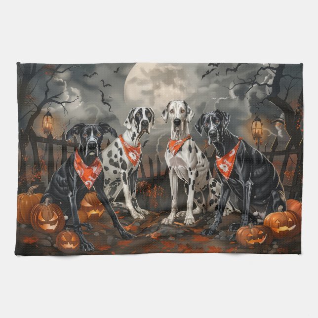 Linge De Cuisine Grand Danois Halloween Effrayant (Horizontal)