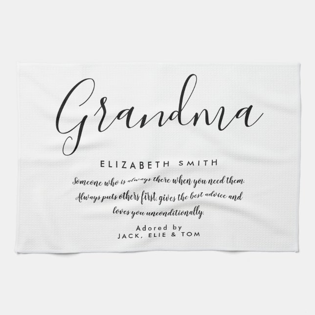 Linge De Cuisine Grandma Citation Élégant Script noir et blanc (Horizontal)