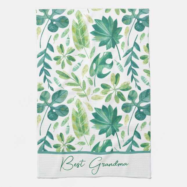 Linge De Cuisine Grandma Tropical Feuille de Monstère Turquoise ver (Vertical)