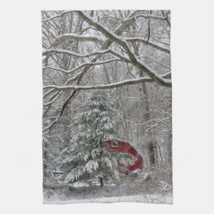 Linge De Cuisine Grange rouge neige