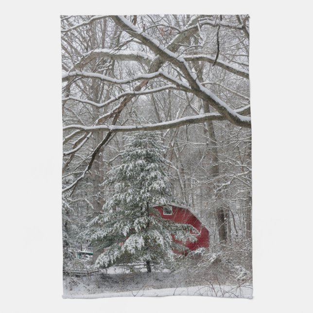 Linge De Cuisine Grange rouge neigeuse (Vertical)