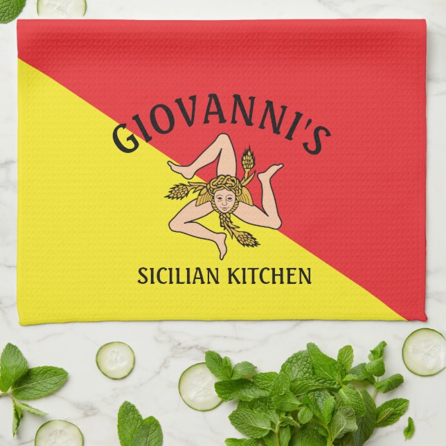Linge De Cuisine Gras Sicile Sicilienne Drapeau rouge et jaune (Plié)