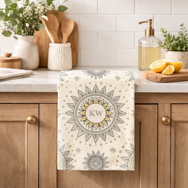 Linge De Cuisine Gray Gold Mandala Pattern Monogram (Créateur téléchargé)