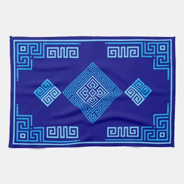 Linge De Cuisine Grec Mander - Clé grecque - Nuances de bleu (Horizontal)