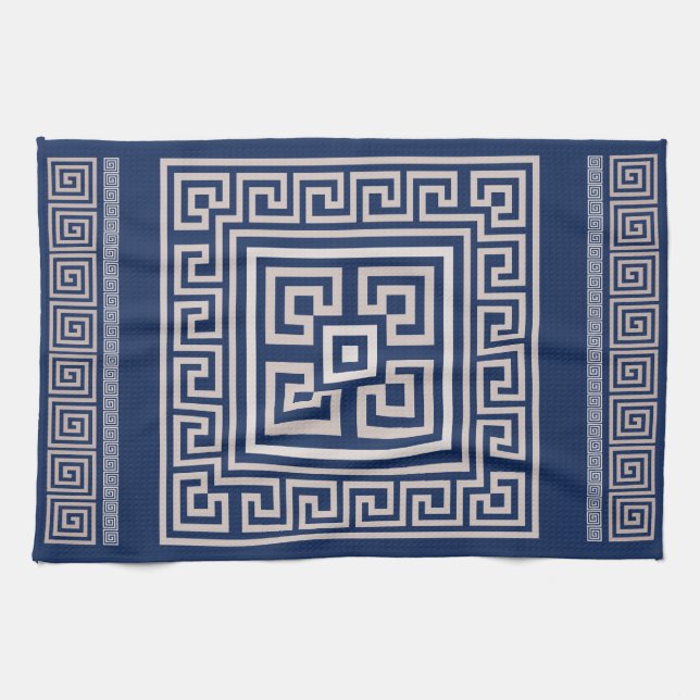 Linge De Cuisine Grec Meander - Grec Key - Bleu et Beige (Horizontal)